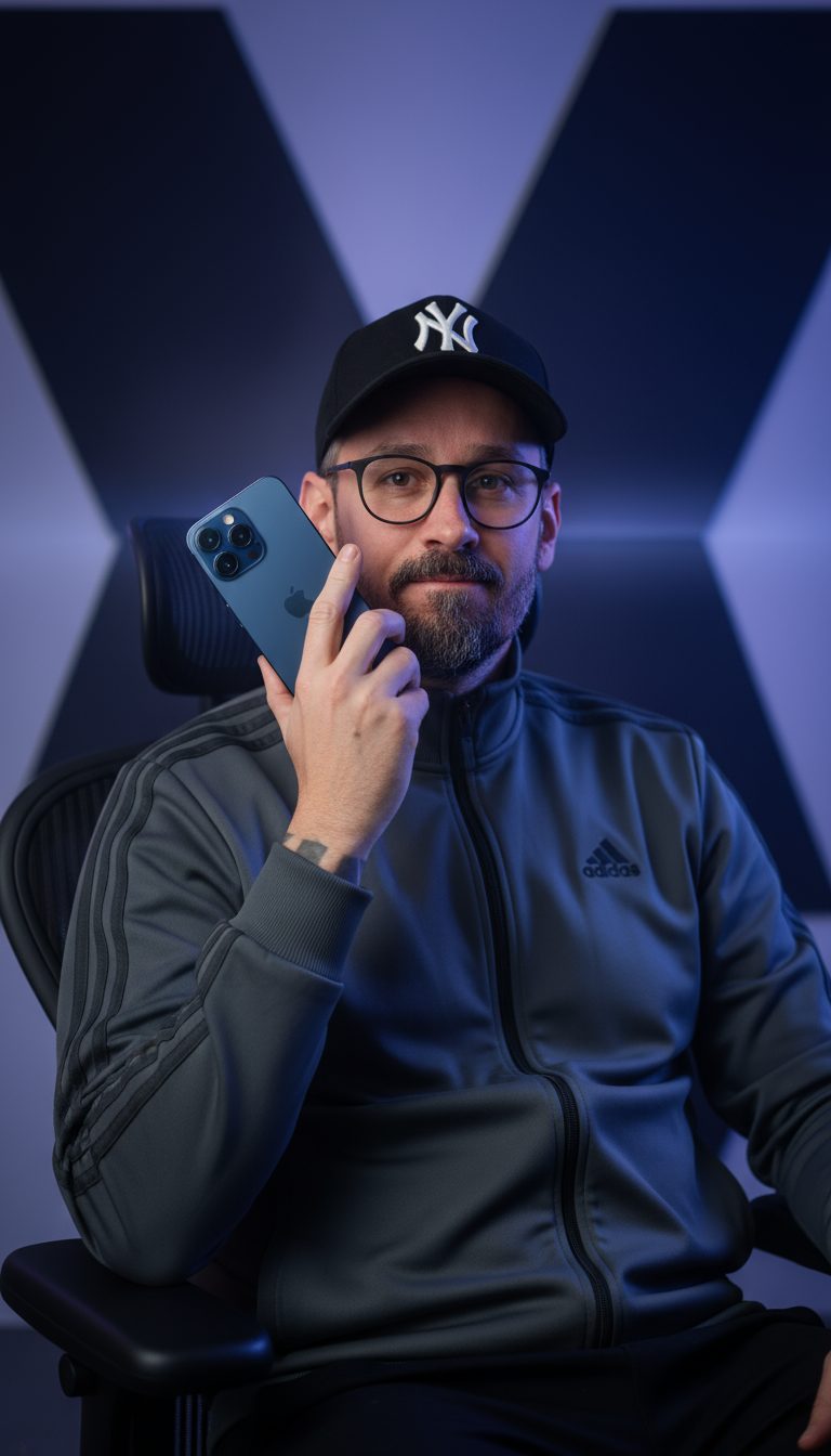 André Barcellos com o celular na mão, pronto pra mentoria ao vivo